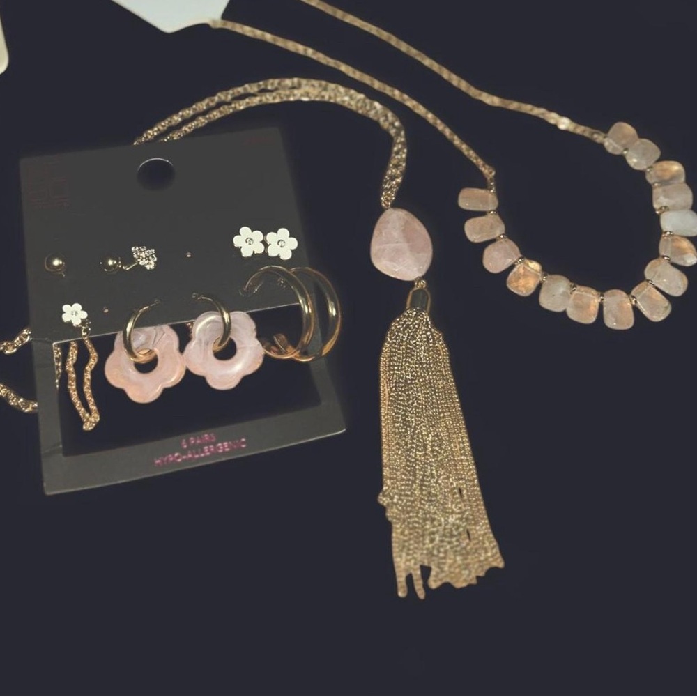 Retro Gold Tone Rose Quartz Jewelry Set (3 piece)
